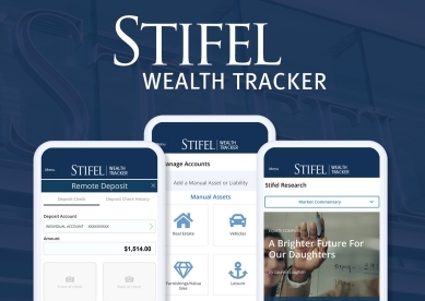 3 phones with different images from Stifel Wealth Tracker sit in the middle of the image, the background is the Stifel logo outside of the Washington Avenue entrance to the St. Louis Headquarters; Stifel Wealth Tracker
